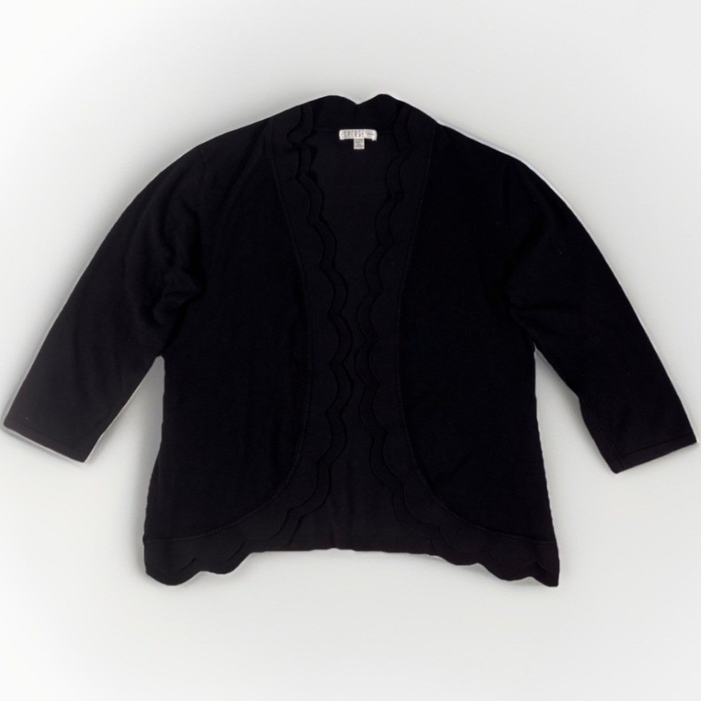 Spense Cardigan Womens PL Petite Large Black Scalloped Open Front 3/4 Sleeve